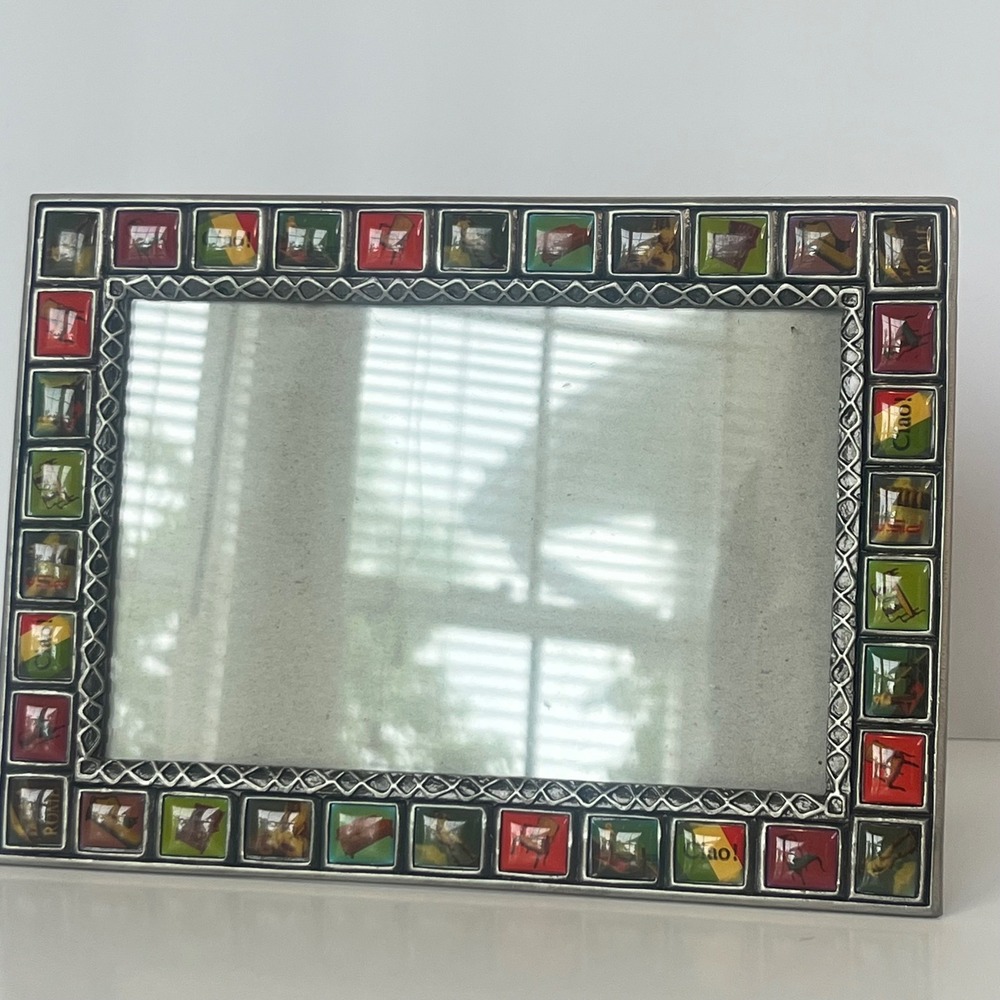 Italian Ciao Rome Mosaic Tile Pewter Tone Metal Photo Frame‎ 4x6 Tabletop Decor
